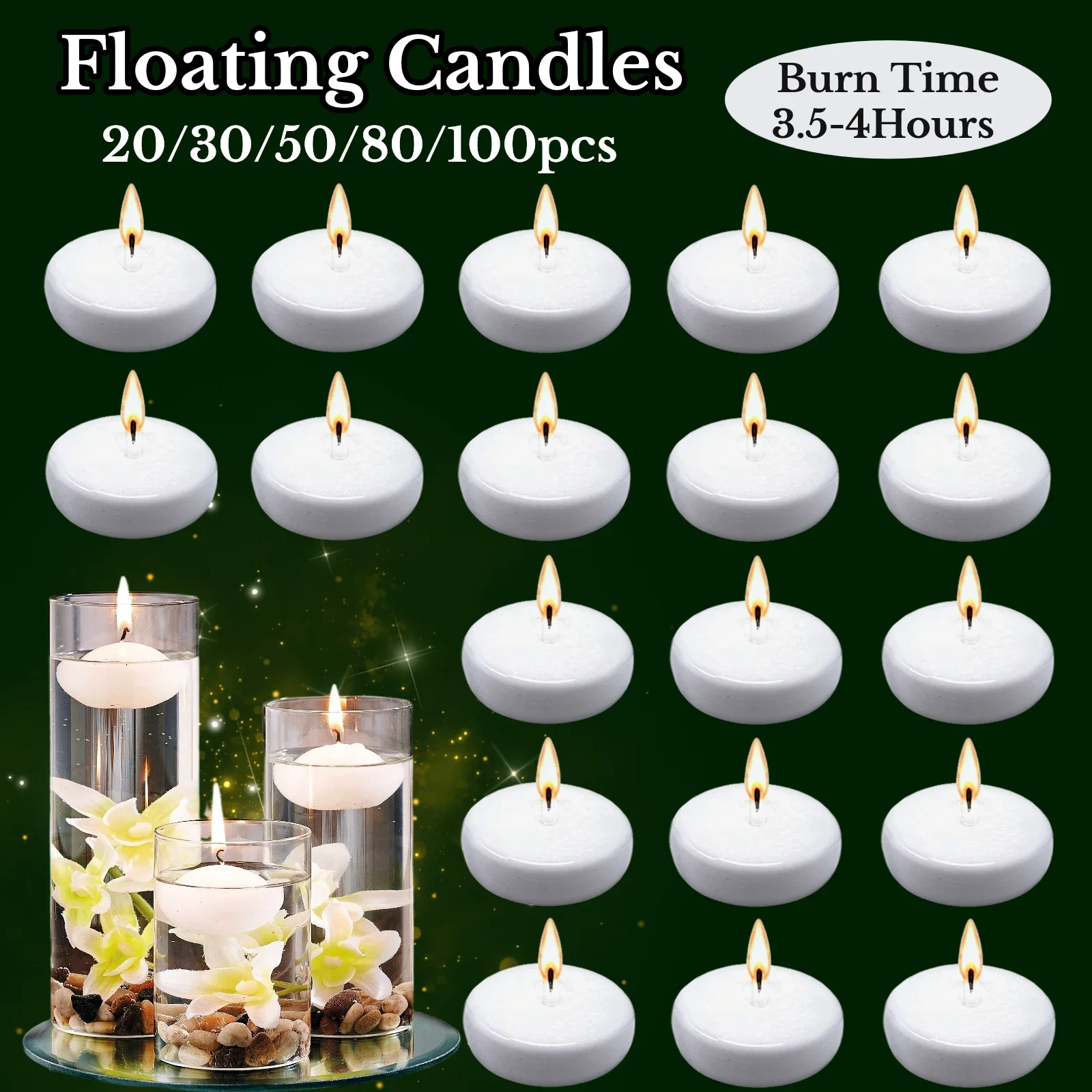 Bulk Pack 20-100pcs Unscented Floating Candles 1.7 Inch Diameter Wedding Centerpiece Decorations 4 Hours Burn Time Pool Lights