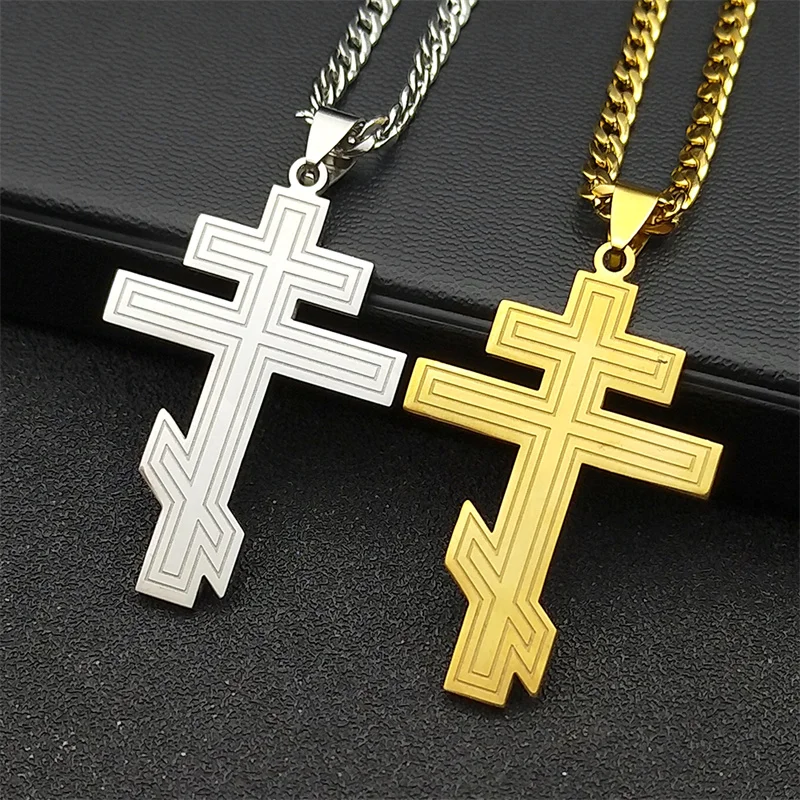 Russia Orthodox Cross Pendant Necklace for Women Men Stainless Steel Gold Color Christian Crucifix Chain Jewelry N8449S06