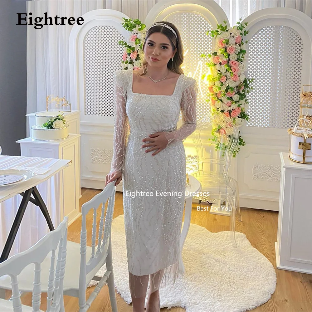 Eightree Sequined White Formal Prom Dresses Long Sleeves Mermaid Vestidos De Fiesta Elegantes Para Mujer 2023 Evening Dresses