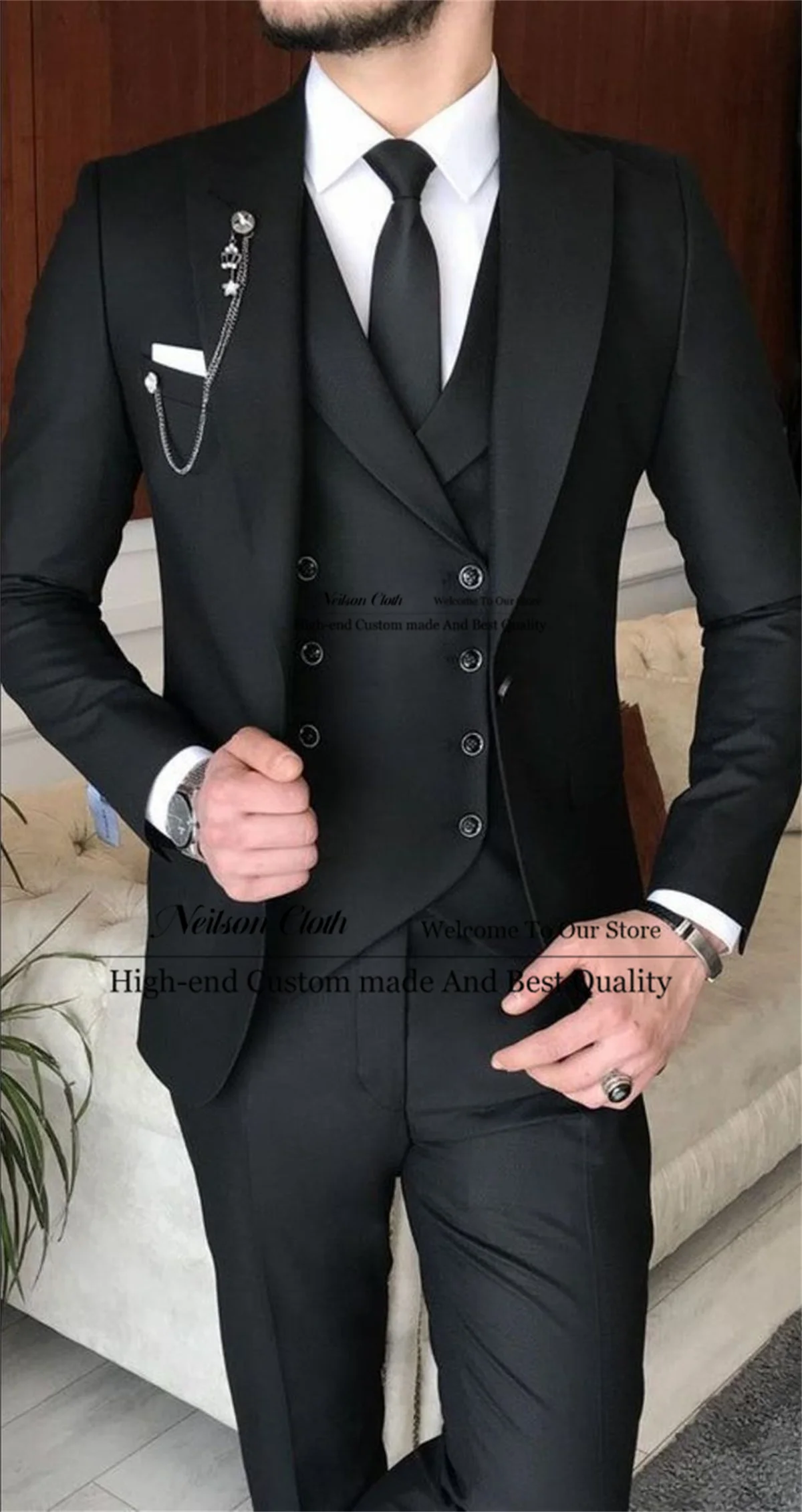 

Formal Black Male Prom Blazers 3 Pcs Sets Single Breasted Groom Wedding Tuxedos Peaked Lapel Customized Slim Fit Costume Homme