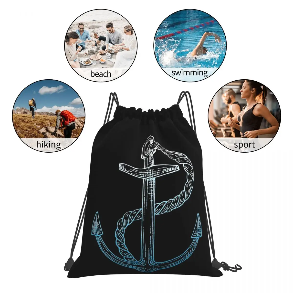 Boat Anchor Illustration Drawing Backpacks Multi-function Portable Drawstring Bags Sports Bag Book Bags For Man Woman School