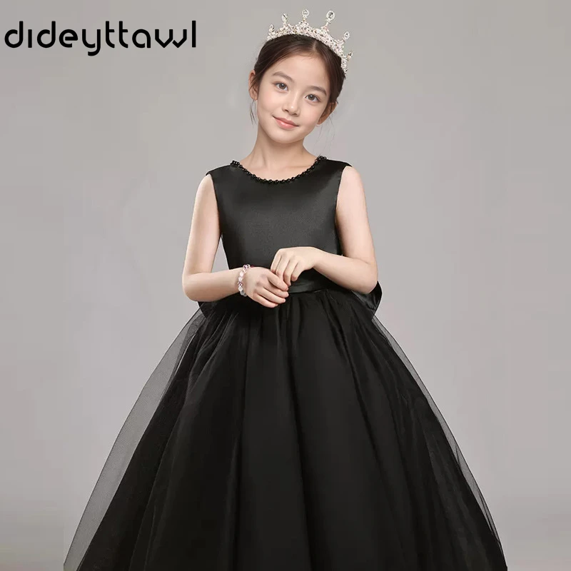 

Dideyttawl Customized Girls Sleeveless Satin Bodice Tulle Skirt Large Bow Back V Neck Beaded Trim Round Neck Elegant Party Weddi