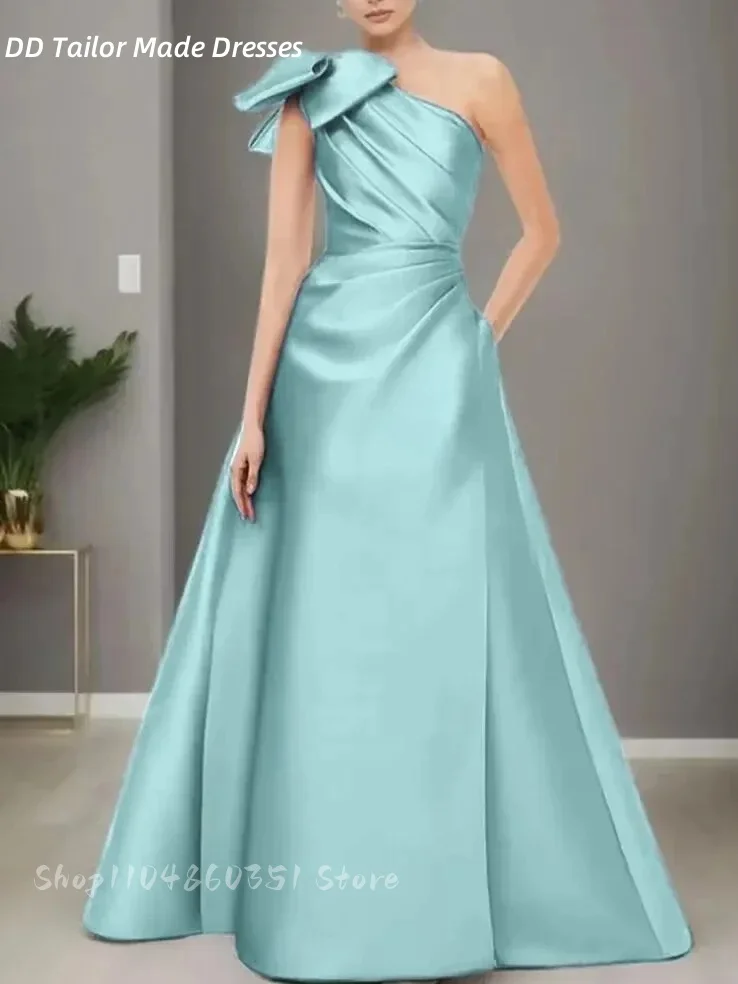 Элегантные длинные платья для матери невесты на одно плечо с карманами и бантом, простые синие атласные платья для гостей свадьбы по индивидуальному заказу