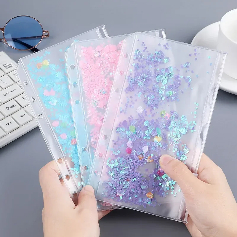 A5 a6 glitter lantejoulas binder bolso interno bonito 6 buracos solto folha saco com zíper kawaii caderno diário planejador de armazenamento interno