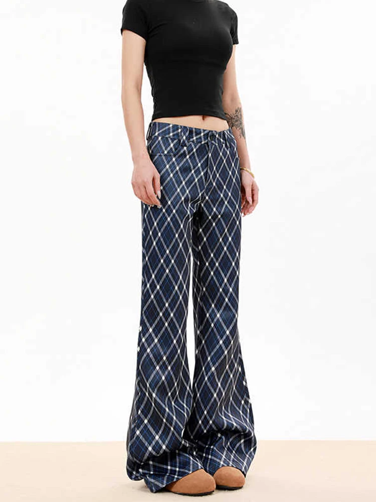 Women's Low Rise Plaid Flared Pants American Retro Skinny Harajuku Long Trouser Bell Bottom Gyaru Harajuku Y2k Japanese Street