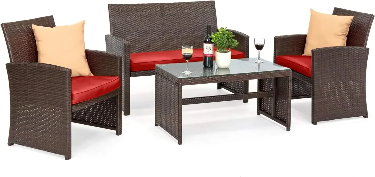 4-Piece Outdoor Wicker Patio Conversation Furniture Set for Backyard w/Coffee Table, Seat Cushions - Brown/Red