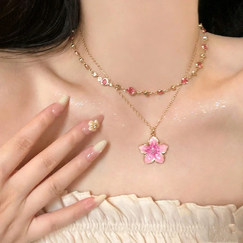 2-teiliges Set Rosa Blumen-Anhänger Kristall Goldfarbene Kette Stapelbare Choker-Halsketten-Sets für Frauen Charm-Halsschmuck – Detail 4