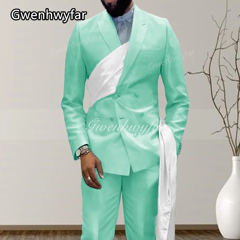 Gwenhwyfar Red Satin Groom Dress Men's Suit Slim Double Breasted Polo Coat Pants Design Latest Formal Party Wedding Dress 2025