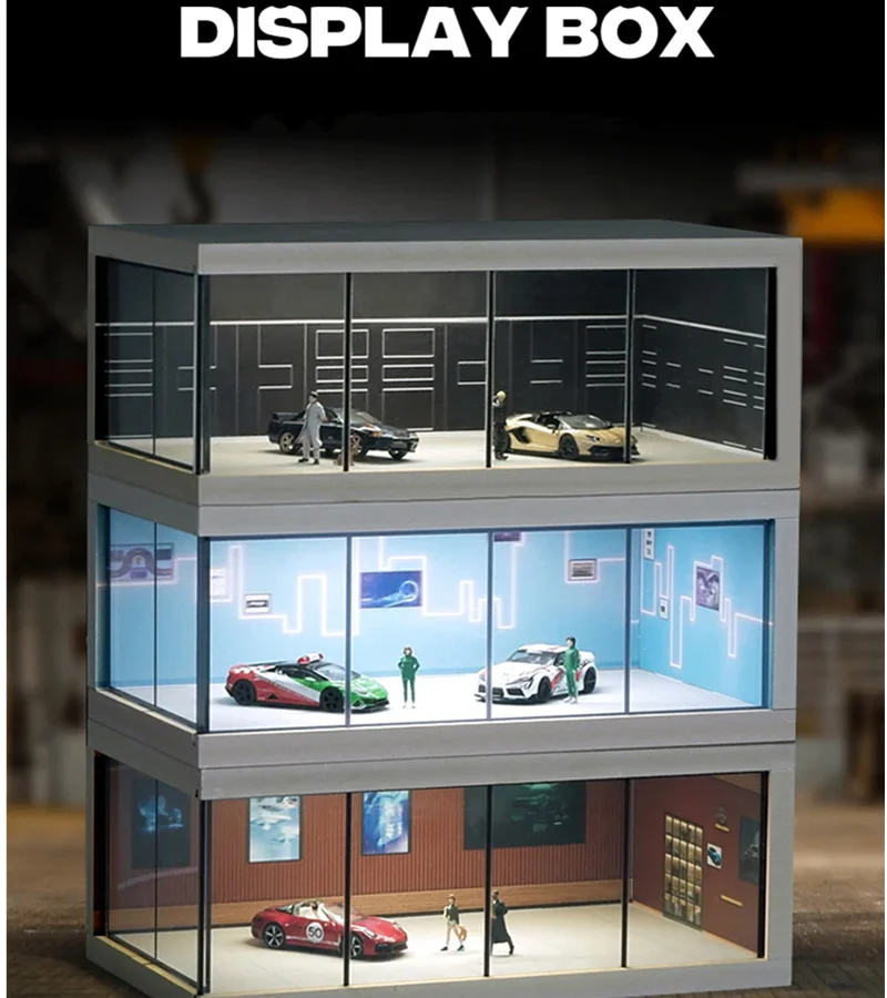 1/64 Miniature Scene Accessory DIY Parking Lot Dust Cover Storage Boxes Car Showroom W light Display Case For Vehicle Model Fans