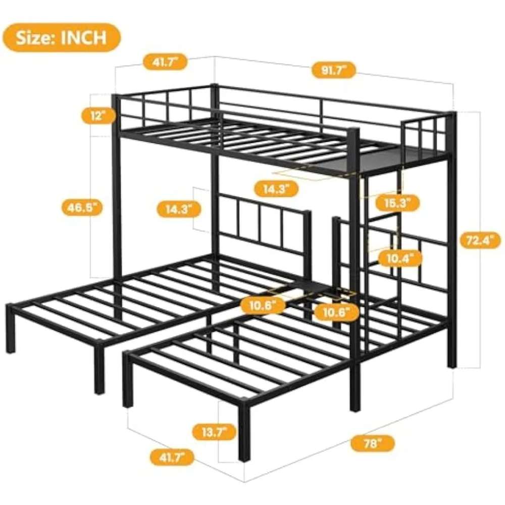 

Heavy Duty Triple Bunk Bed, Twin Over Twin Over Twin with Guardrails and Ladder, Metal Bunk Bed
