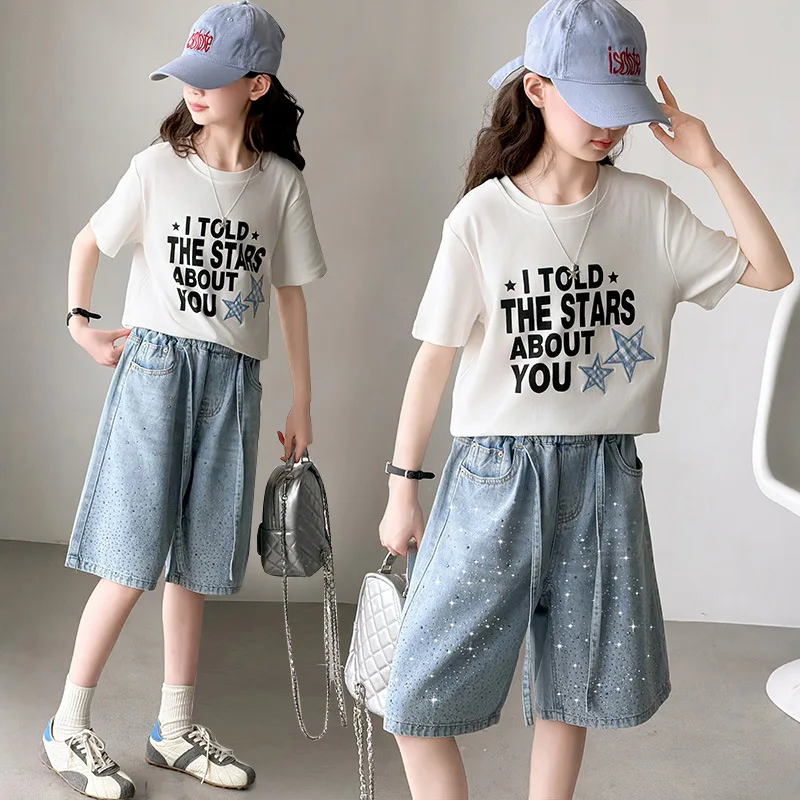 Summer Kids Girls Clothes Set Teen Girl letter Tops T-shirt + Denim shorts 2pcs Girl Outfits Girls Clothing 5 to 14 Years