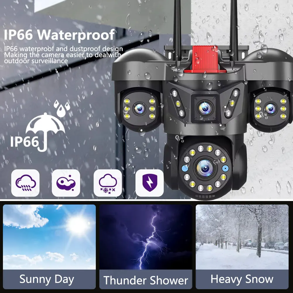 10K 20MP Outdoor WiFi IP Camera Four Lens Four Screen 360° 16X Zoom PTZ Security Camera Auto Tracking CCTV Wireless Surveillance