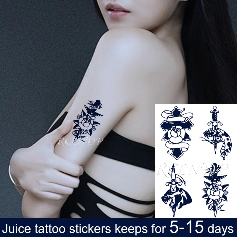 Waterproof Temporary Juice Tattoo Sticker Sword Snake Tiger Rose Flower Flash Tatoo Fake Tatto Body Art for Men Women