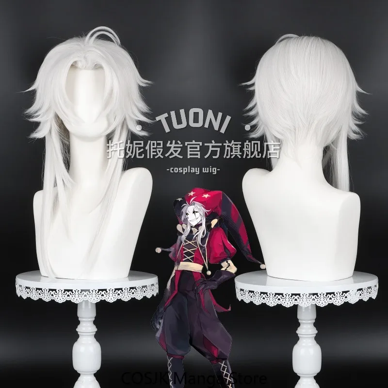 Peluca corta de cosplay de Anime Cute The Pierrot, pelo rizado, corona de pelo, punta plateada, seda de alta temperatura, accesorio de cosplay para juegos de rol