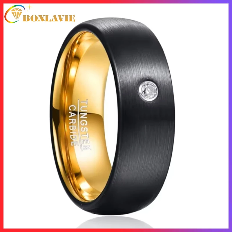 BONLAVIE Black Inner Gold Lasha Inlaid Stone Tungsten Carbide Wedding Rings For Men Polished Shiny Comfort Fit