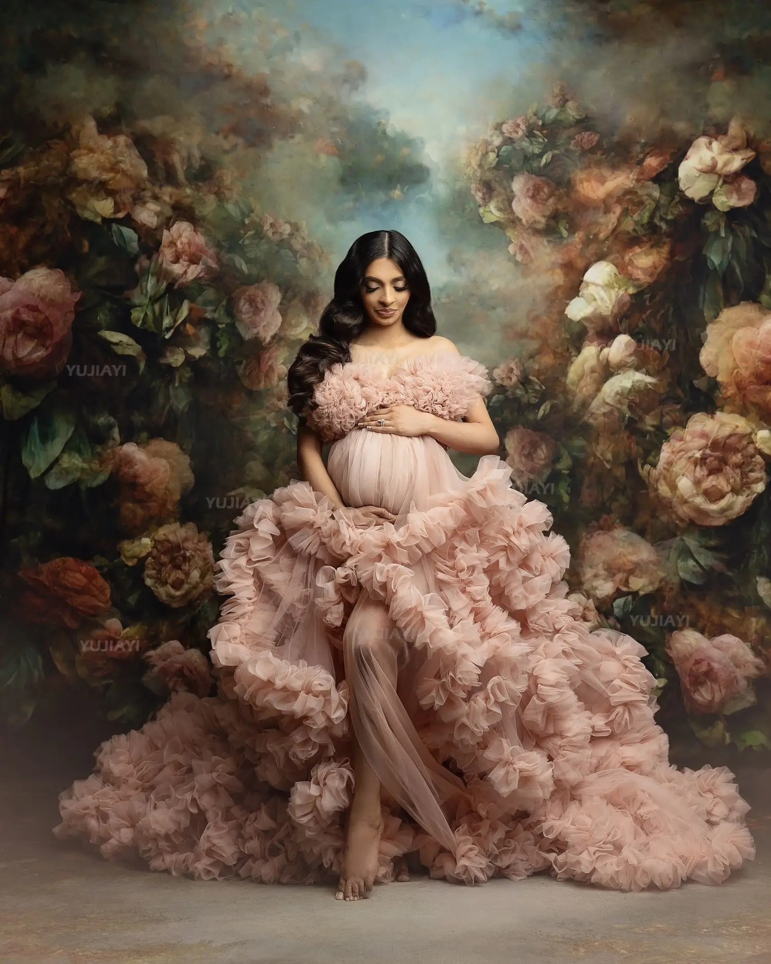 Tiered Ruffles Maternity Prom Dresses Puffy Tulle Robes Pregnant Women Gowns Front Split Wedding Bridal Sleepwear Photography