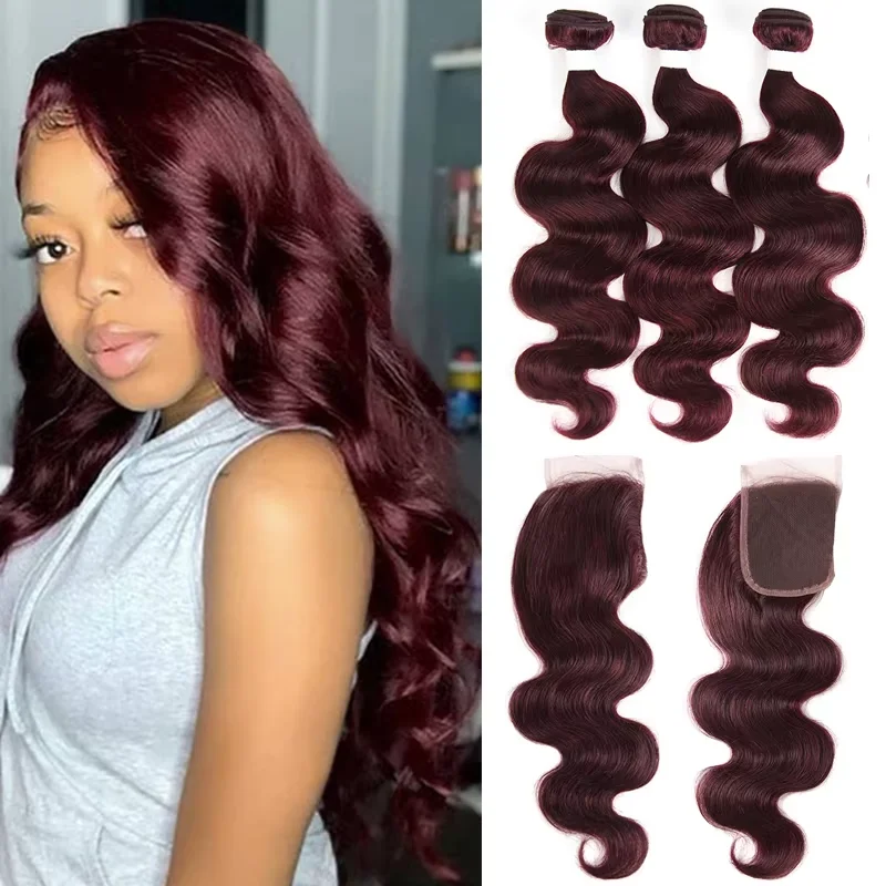 Body Wave Human Hair Bundles With Closure 99J/Burgundy Red Hair Weave Bundles With Lace Closure Brazilian Remy Hair 3PCS