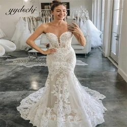 Customized Strapless Appliques Lace Tulle Mermaid Wedding Dresses For Women 2026 Court Train Bridal Gown Vestidos De Novia