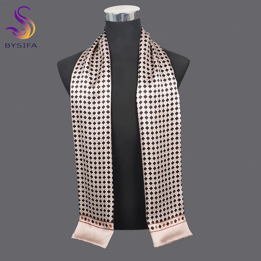 [BYSIFA] Male Silk Scarves Fall Winter 100% Silk Men Beige Khaki Long Scarf Accessories Spring Handsome Scarf Cravat160*26cm