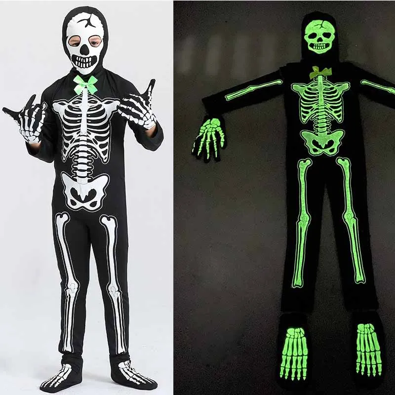 Halloween Kids Scary Costumes Glow In The Dark Printed Skeleton Ghost Jumpsuit Children Carnival Party Spooky Horror Jumpsuit