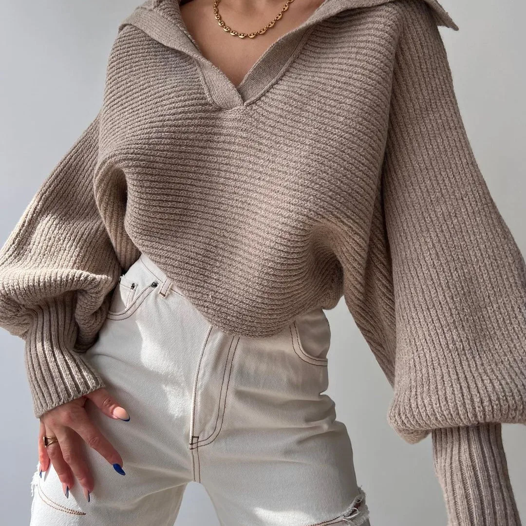 Faionable واسعة طوق محبوك سترة المرأة البلوز الأعلى الدافئة الحرارية طويلة Sve V-Ne الوقوف طول الخريف الشتاء #1