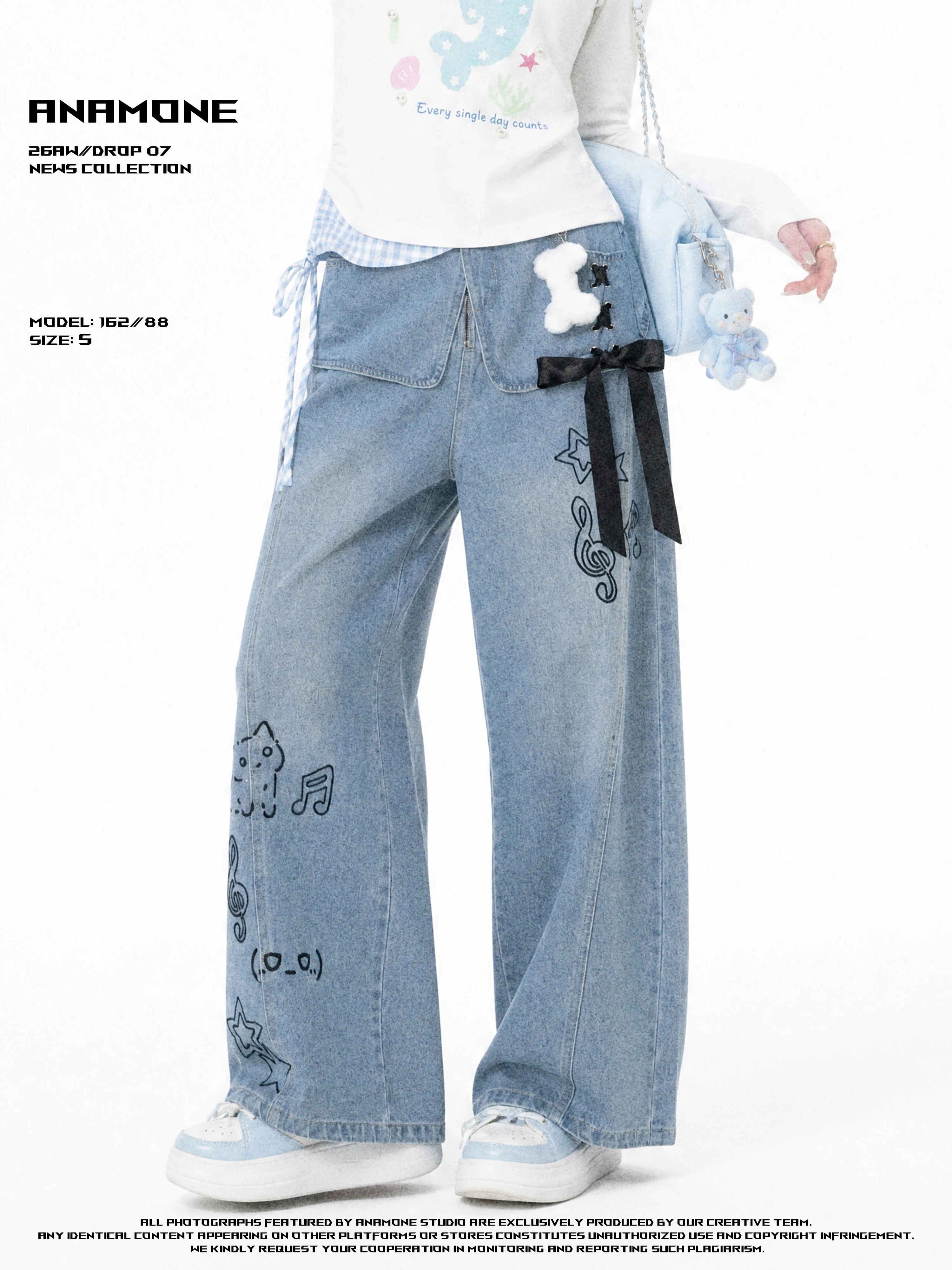 ANAMONE American Retro  Knot Wide Leg Jeans Women's Sweet Cool Print Casual Loose Fit Blue Denim Casual Pants