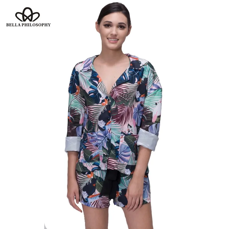 بيلا فلسفة المرأة الصيف الاستوائية الأزهار الطيور طباعة منامة مجموعة بلوزة قميص السراويل