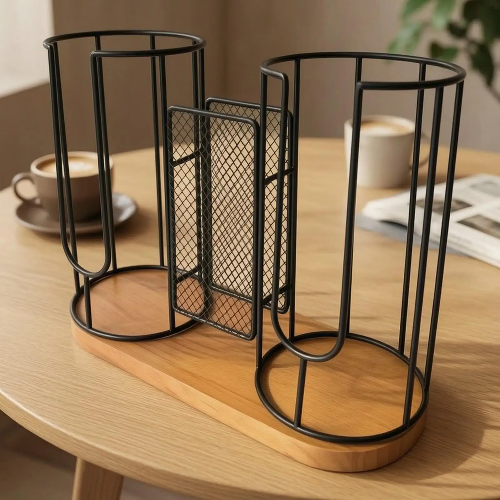 Countertop Paper Cup Holder Industrial Rack for Coffee Maker Shelf Kitchen Cup Storage Organizer with Iron Wood Design