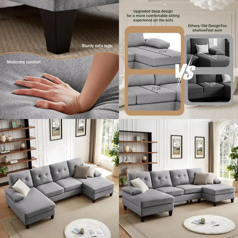 

4-местный секционный диван из полиэстера с двойным шезлонгом для гостиной, светло-серая обивка