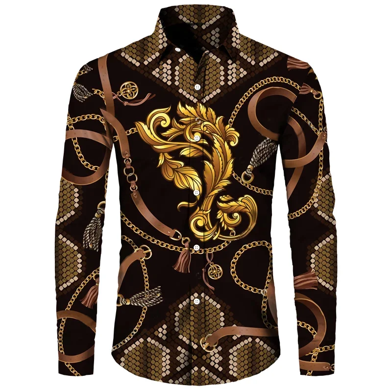 2024 New Luxury Golden Flower Chain 3D Print Men Long Sleeve Shirt Casual Mens Designer Clothing Streetwear Lapel Button Shirts