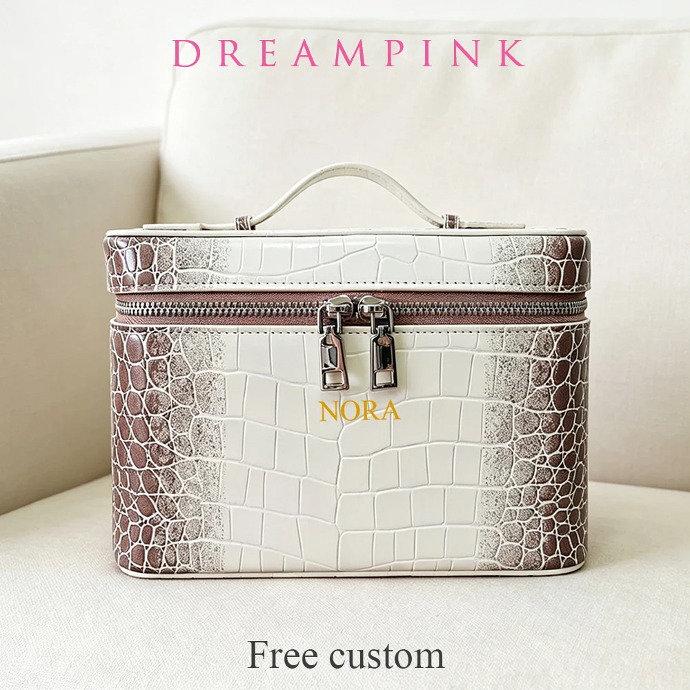 High Quality Crocodile Pattern Women Makeup Bag Custom Name Large Capacity Alligator PU Leather Travel Portable Cosmetic Box