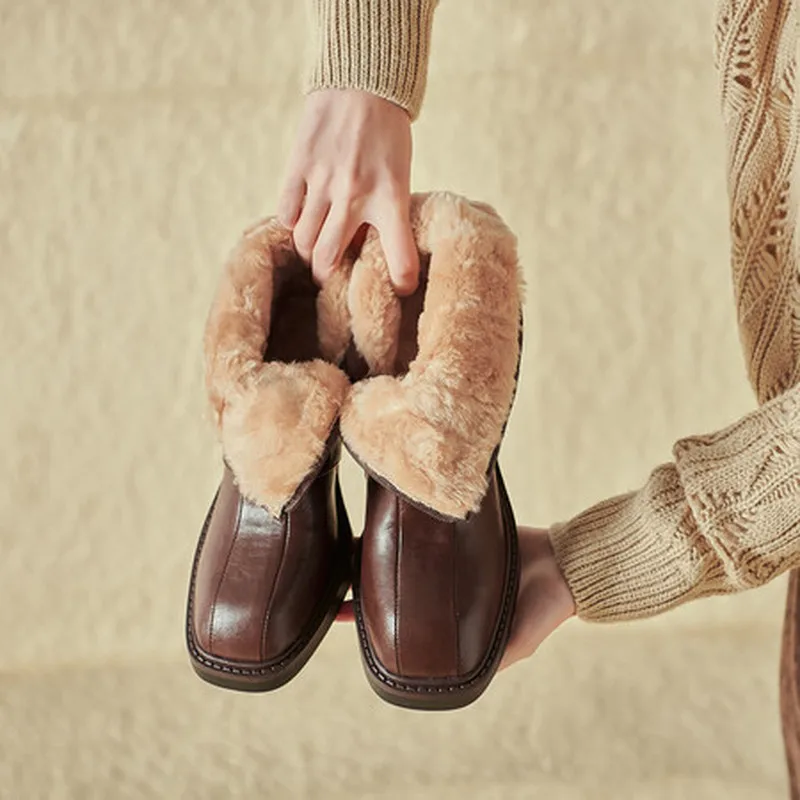Winter Warm Snow  Square Toe Wool Boots Women Cow Split Leather Upper Sheepskin Fur Lined 6cm Block Heel Side Zipper F461