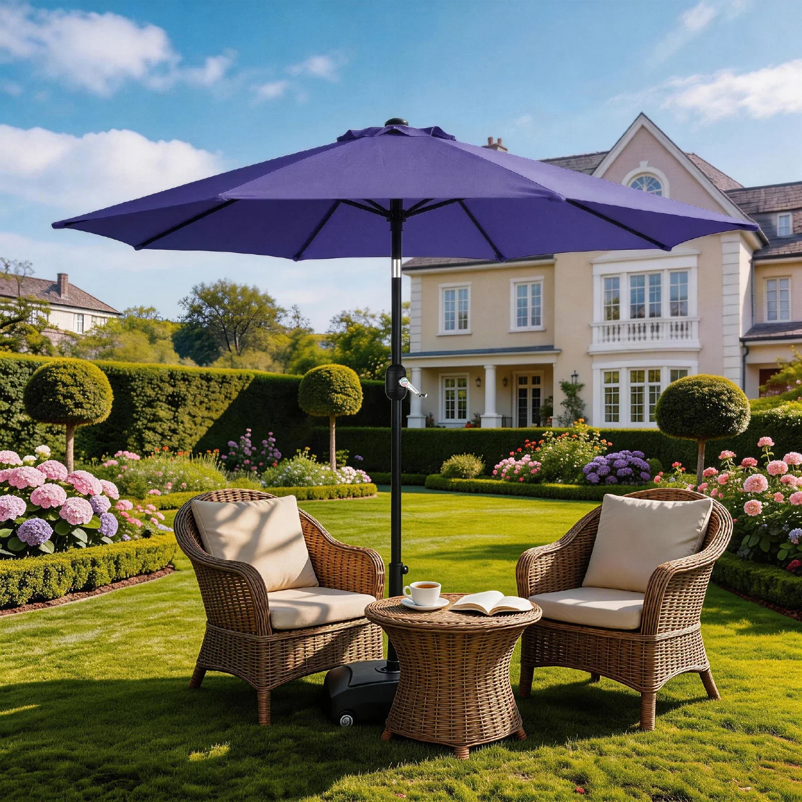 

9FT Navy Blue Turning Head KD Round Sun Umbrella Polyester Fabric 6 Iron Ribs Iron Center Column