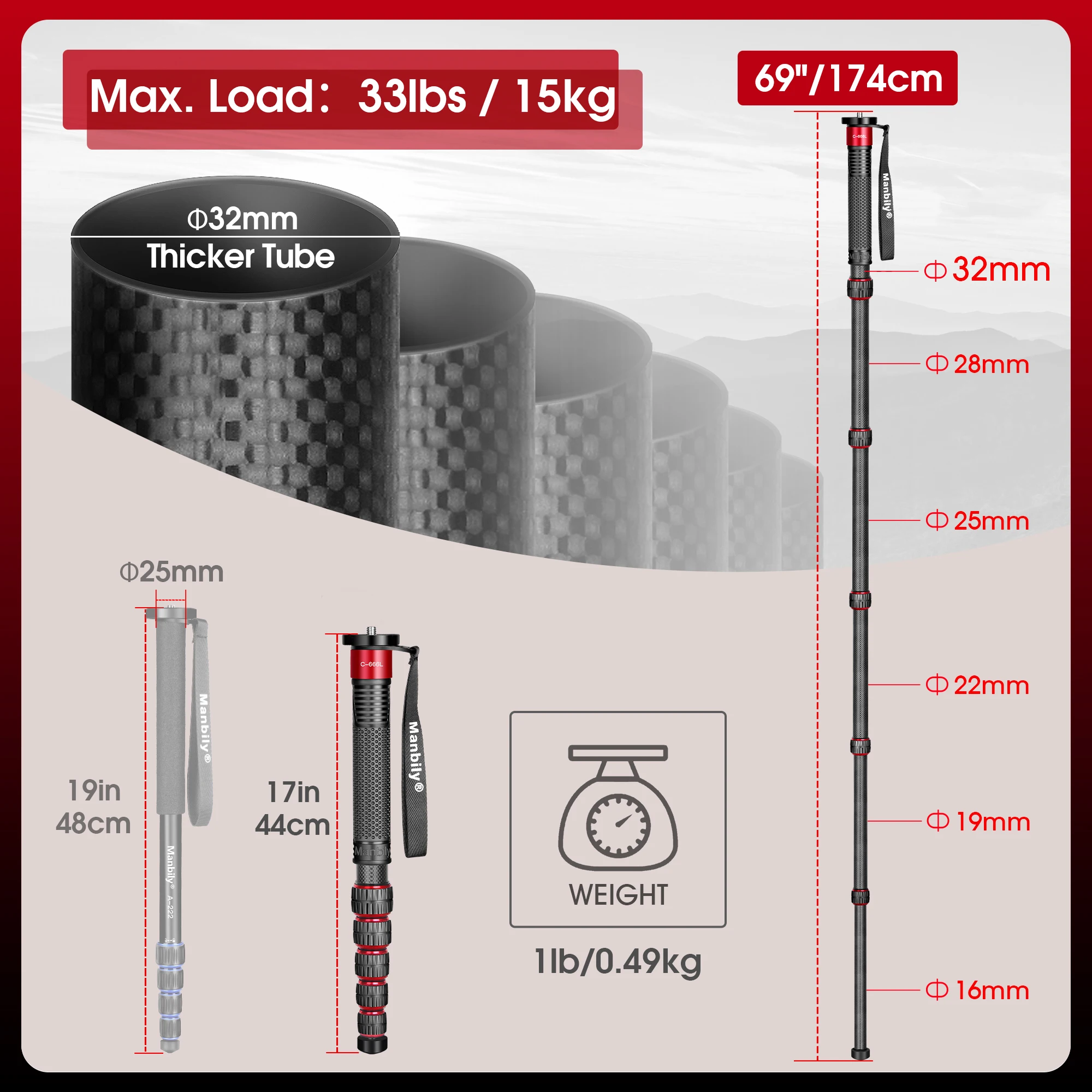 Manbily C-666L 69“ Carbon Fiber Monopod Tripods For Phone Gopro Travel DSLR Camera 32mm Tube Max. 33lbs/15KG Professional