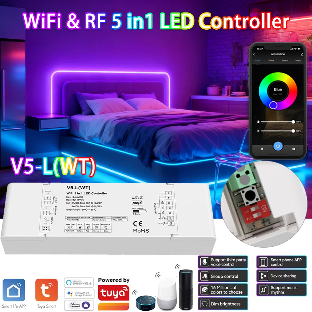 

Контроллер светодиодных лент Tuya Smart Life 5-в-1 RGBCCT, 12В-24В, для одноцветных, CCT, RGB, RGBW, RGBCCT светодиодных лент, диммер, работает с Alexa и Google