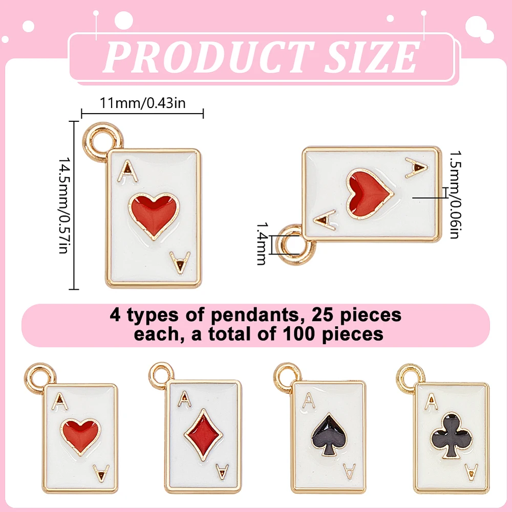 100Pcs Enamel Blocks Plum Blossoms Spades Hearts Poker Card Charms Playing Card Pendants Metal Ace of Hearts Charm for Jewelry