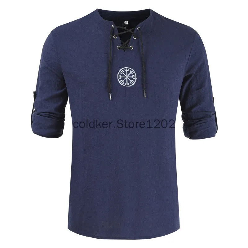 Men Plus Size Shirt Top Embroidery Lace Up V Neck Long Sleeve Shirt Top For Men's Clothing Lace Up Renaissance Vintage Shirts