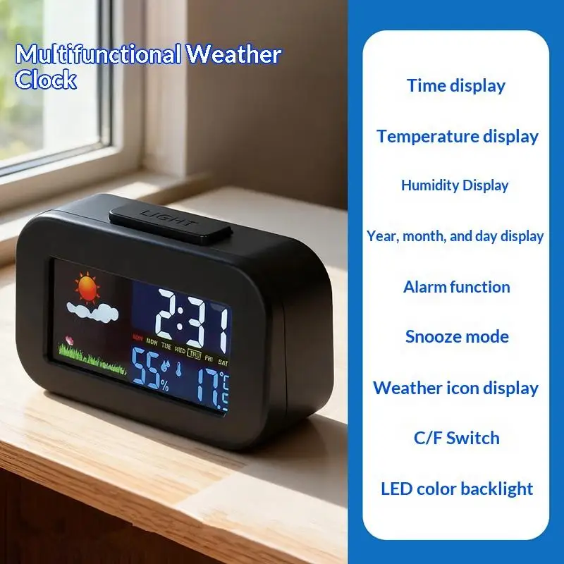 Weather Station Clock With Color Display - Temp & Humidity Monitor Backlit For Kids & Teens Perfect For Bedroom/Dorm Desk