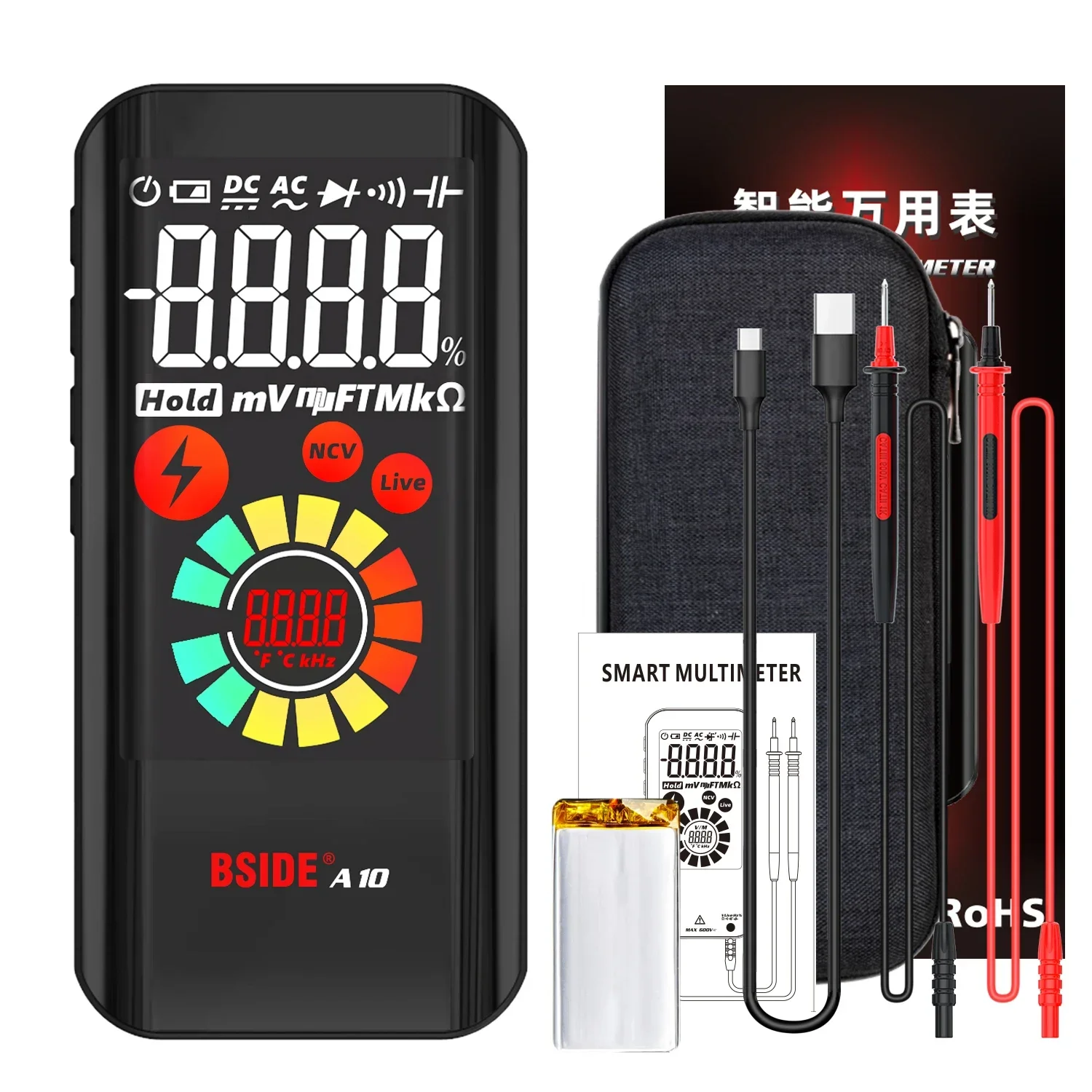 BSIDE A10 Portable Digital Multimeter True RMS EBTN Color Display DC AC Voltage Capacitance Ohm Diode NCV Hz Live wire Tester