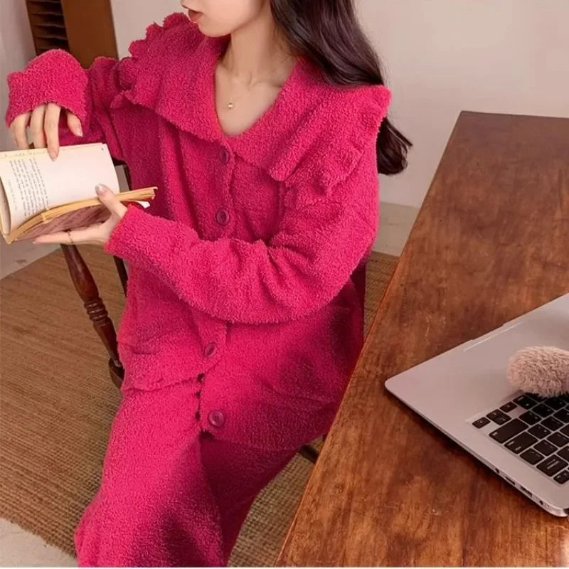 Pijama versión coreana para mujer, dulce y lindo, princesa rosa roja, año Natal, cárdigan, ropa de estar por casa, medio forro polar, Coral, Invierno