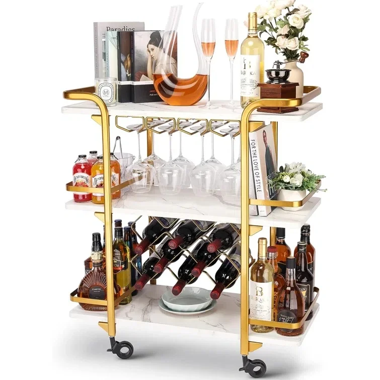 Customized MDF and Metal Golden Living Room Mini Beverage Car Restaurant Side Cabinet Beauty Trolley Bar Cart Trolley