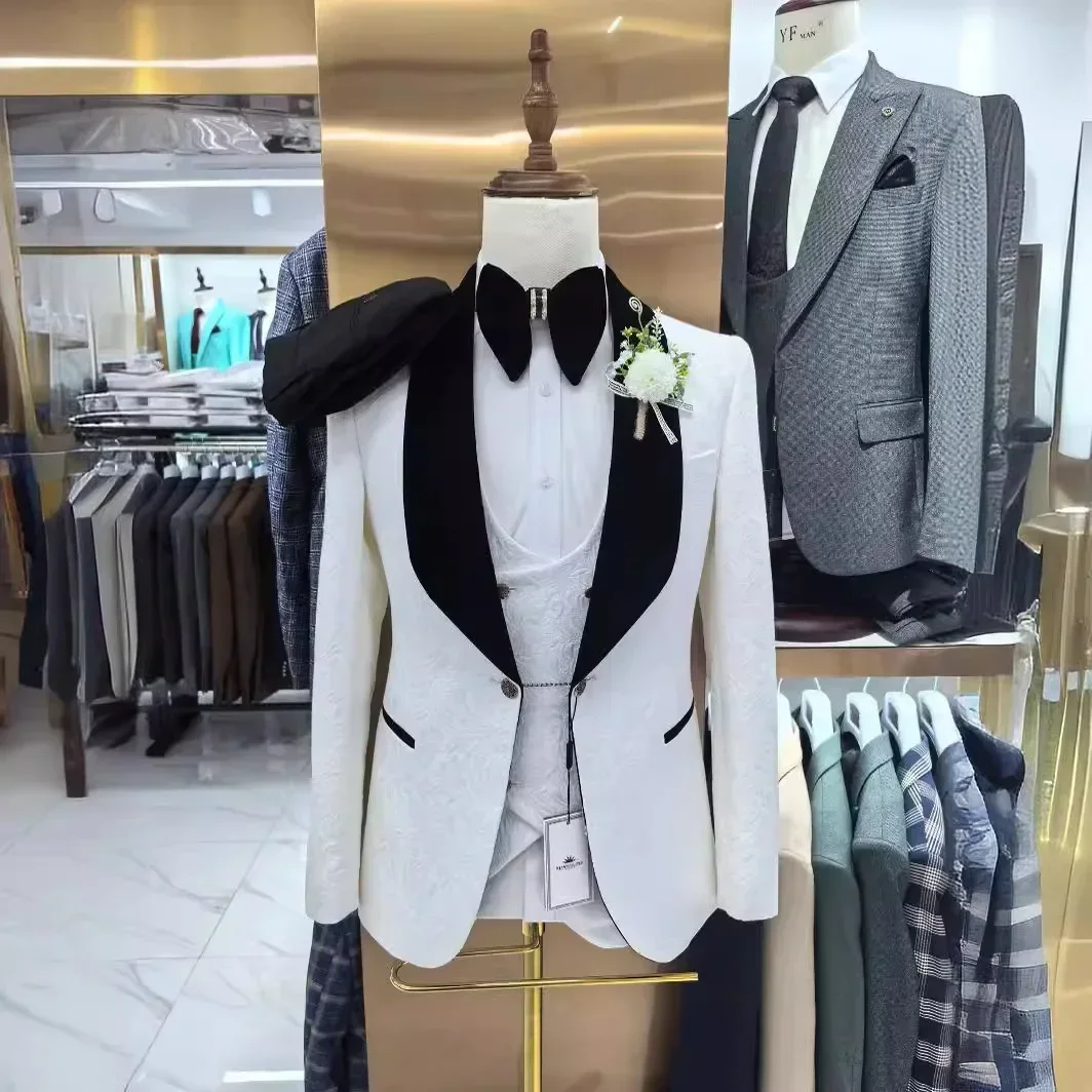 Trajes florales de 3 uds para hombre, chal ajustado con solapa, esmoquin de boda para padrinos de boda, traje Formal para graduación, chaqueta con pantalones, chaleco 2025