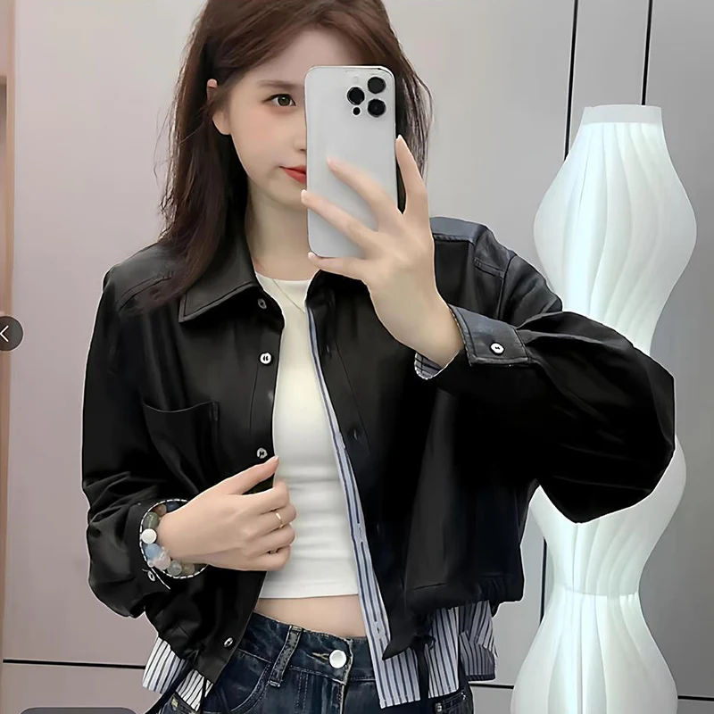 

Faionable ort Spliced Jaet Fake Two-Piece Retro Hong Kong Sle Top Leather Jaet Hip Hop Sle Spring Autumn Women's ...