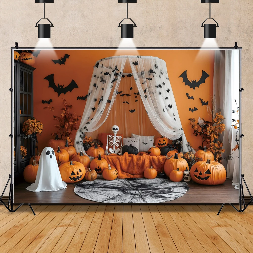 خيمة هالوين البرتقال خلفيات اليقطين للتصوير الفوتوغرافي ، الخفافيش ، مخيف ، شبكة العنكبوت ، غرفة نوم ، خلفية السرير ، مستلزمات كشك الصور