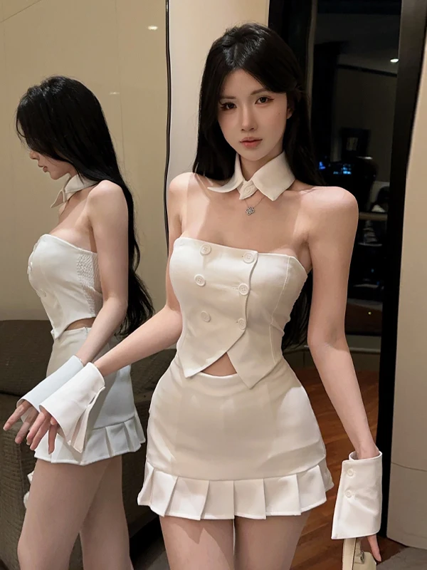 Sexy Pure Desire Asymmetrical Tube Top Vest Top Bodycon Fish Tail Skirt Set Elegant Style Sleeveless Button Closure Slim Fit