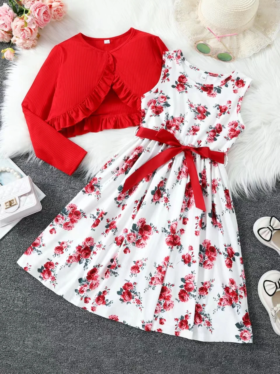 Two-piece little girl print plus small shawl dress with bow ribbon elegant princess dress for the party holiday wear easy to tak