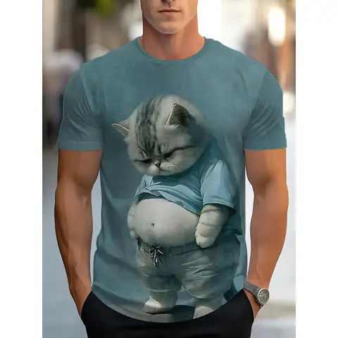 2025 재미 있은 뚱뚱한 고양이 인쇄 T 셔츠 반팔 T 셔츠 3D 인쇄 패션 o-넥 셔츠 녹색 여름 봄 귀여운 의류 의류