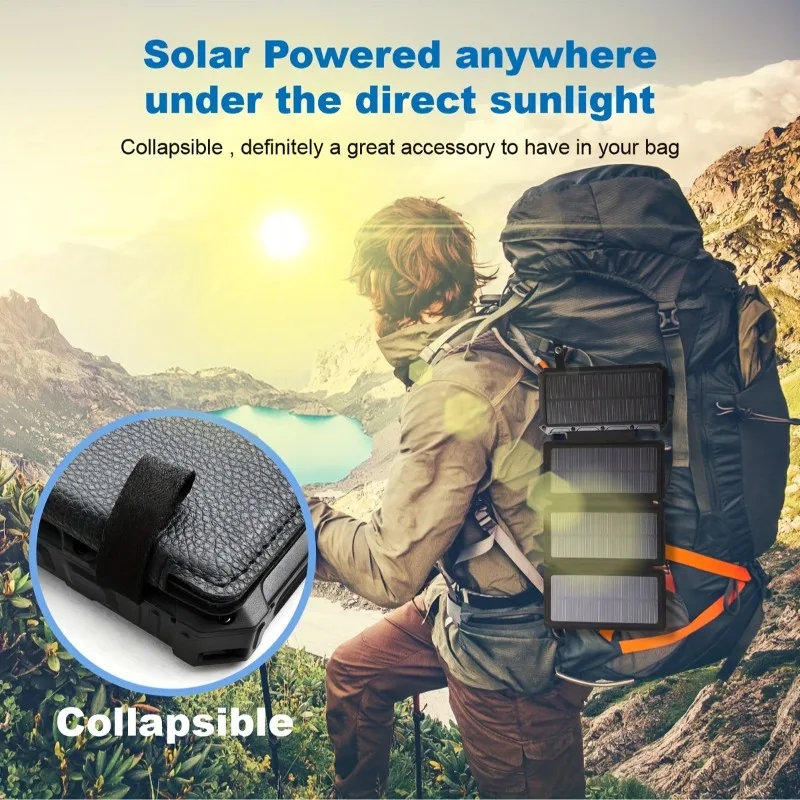 Solar Charger 20000mAh Solar Power Bank with Outputs Fast Charging Portable Charger, 4 Solar Panels with Flashlights for Phone,