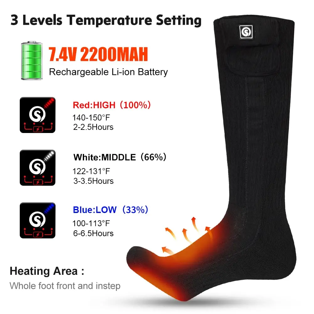 Electric Rechargeable Battery Socks, Warm Winter Socks,Thermal Heating Socks, Foot Warmers for Hunting and Skiing, 7.4V, 2200mAh