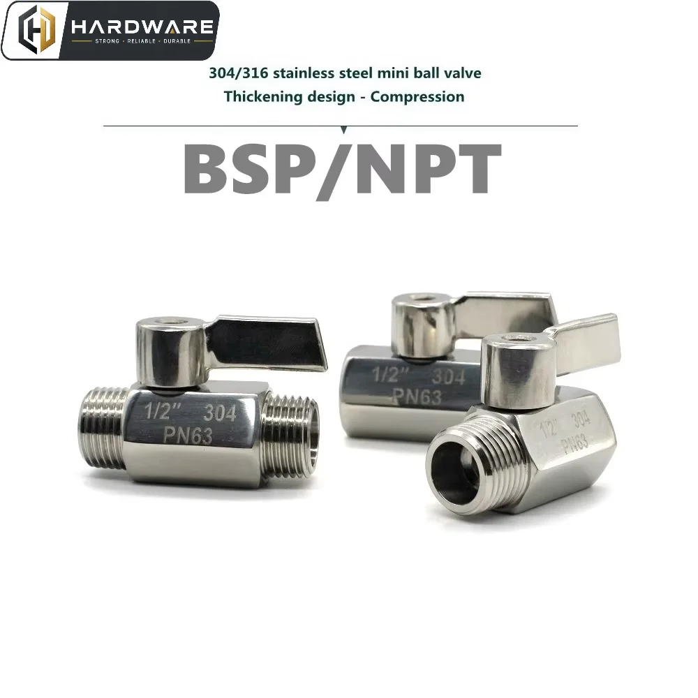 Миниатюрный шаровой кран из нержавеющей стали 304, 1/8, 1/4, 3/8, 1/2, 3/4 / 1 BSP NPT, с внутренней и наружной резьбой, для воды, масла, кислоты, 2-ходовой шаровой кран.